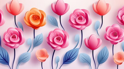 A vibrant and delicate floral arrangement featuring a variety of pink and orange blooms, each with intricate details, set against a soft, pastel background