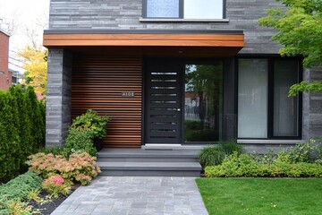 Modern residential entrance featuring a striking orange door, sleek design, and vibrant landscaping in a suburban neighborhood on a sunny day