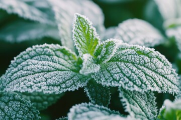 Close up high quality photo of frost covered nettle mint leaves