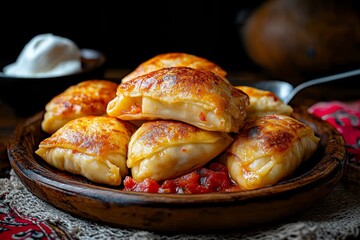 Delicious freshly baked dumplings served with spicy tomato sauce and creamy dipping