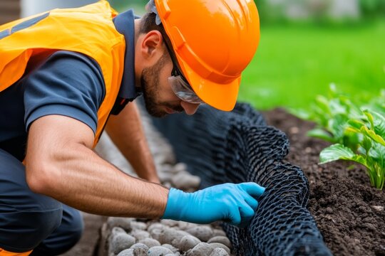 Industrial engineer inspecting safety barriers around equipment, capturing the focus on preventing accidents in a high-risk environment, symbolizing precaution and care