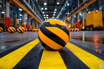Industrial safety barriers with warning lights around hazardous machinery, capturing the preventive measures used to protect workers, symbolizing safety and alertness