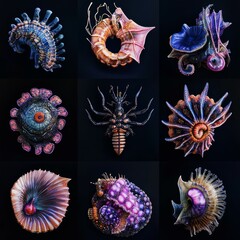 A collage of various invertebrates, each with its own unique color and shape, against a black background