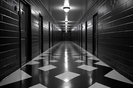 Long hallway of empty jail cells, dimly lit with a single light at the end, capturing the vast and isolating atmosphere of a prison facility, symbolizing control and order