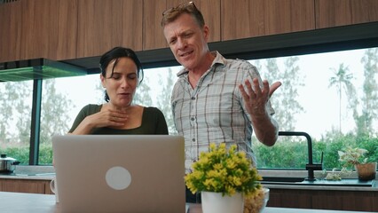 Lovely old marriage couple contact friend or relative through internet network with laptop . Seniors have happy relationship and family. Globalization technology connect far away person. Divergence.