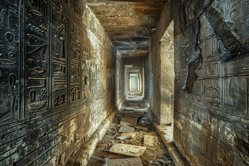 Long, narrow hallway with ancient Egyptian hieroglyphics on the walls. The hallway is dark and dusty, giving it a mysterious and eerie atmosphere