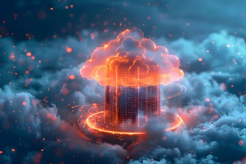 Obraz premium Digital Cloud Concept Surrounded by Ethereal Clouds and Glowing Particles