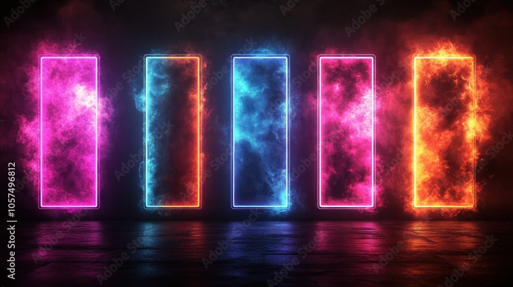 Poster a vibrant display of glowing rectangular frames in various colors against a dark background.