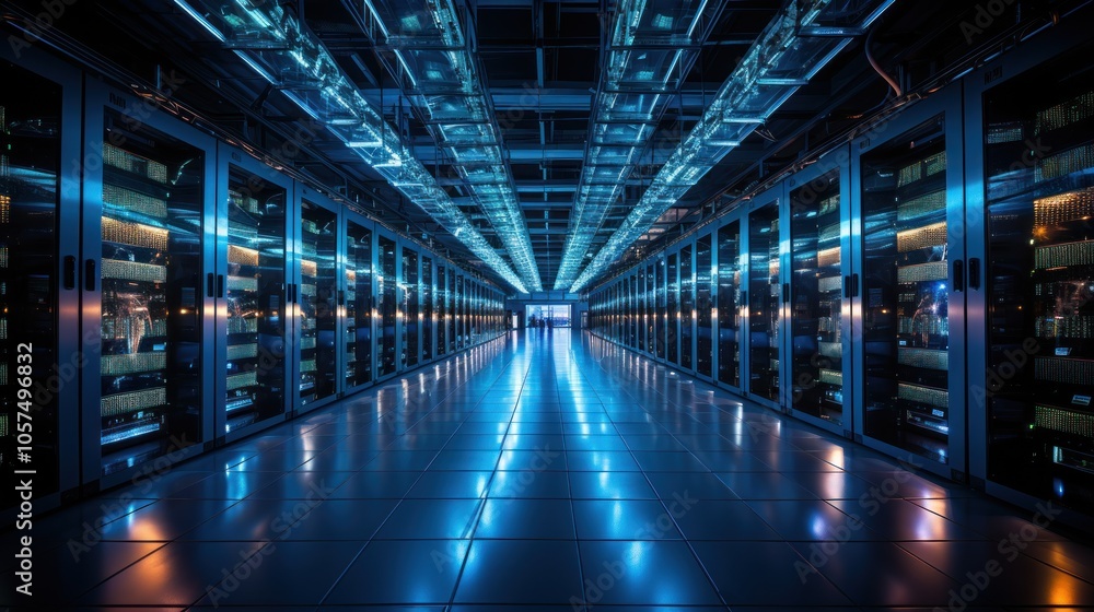Poster a futuristic data center with illuminated server racks and reflective flooring.