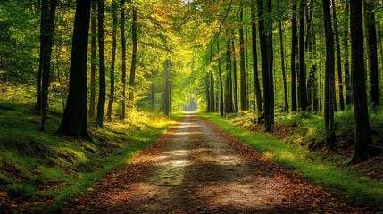 Serene Forest Pathway Illuminated by Warm Sunlight During Autumn in a Lush Green Woodland. 