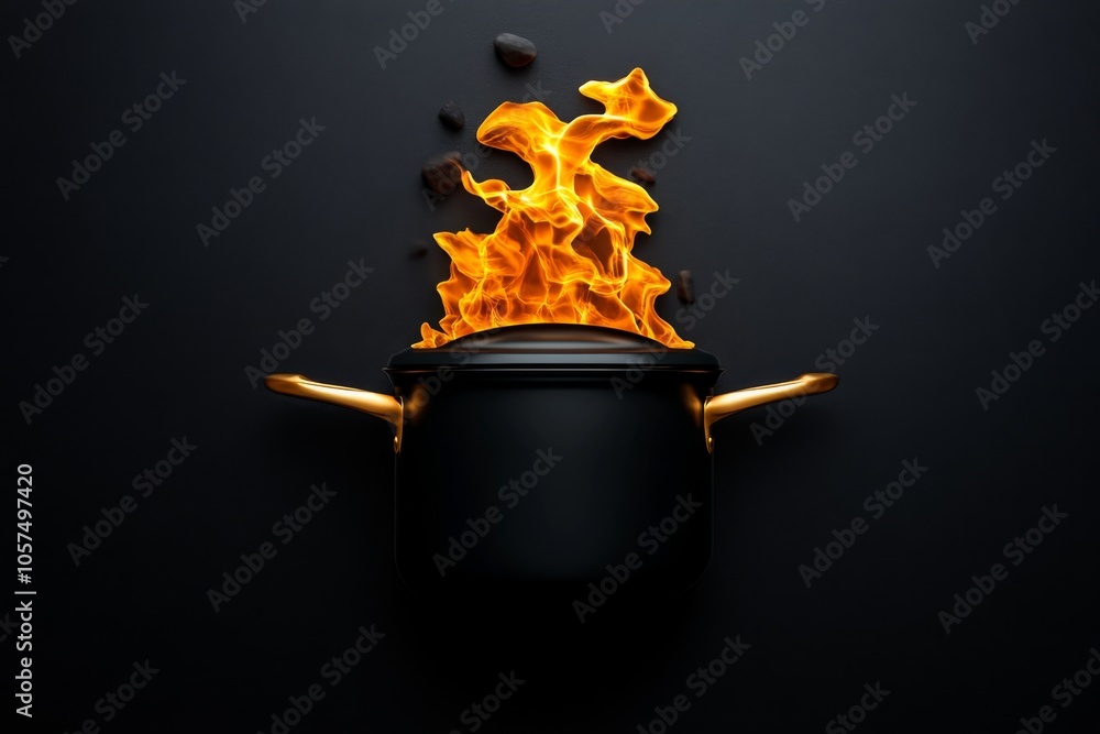 Poster minimalist icon of a flame and a pot, symbolizing cooking with heat in a straightforward design, sym