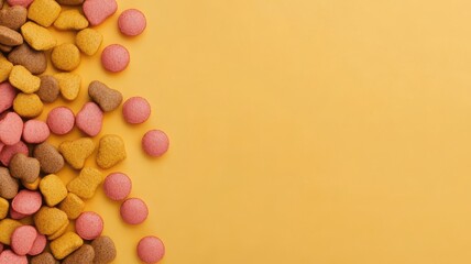 Obraz premium Colorful candy laid out on a bright yellow background, featuring heart and round shapes in vibrant pink and brown hues.