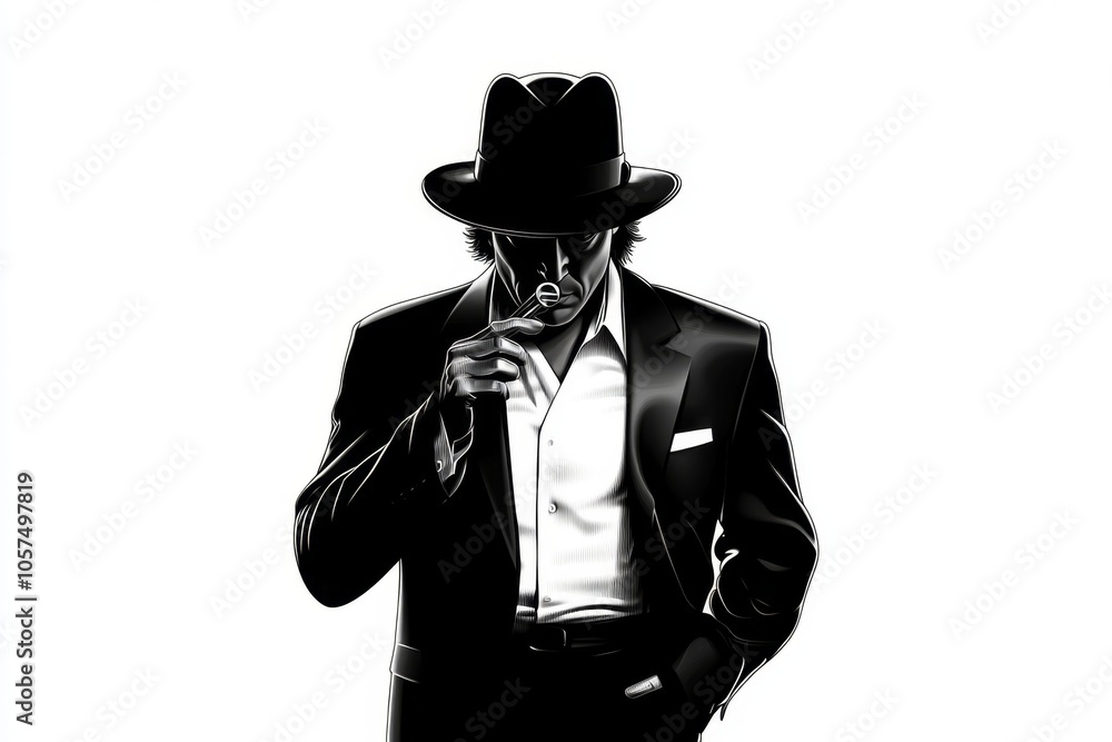 Poster minimalist silhouette of a detective holding a magnifying glass, capturing the classic image of inve