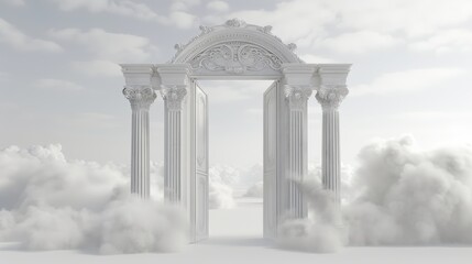 Open white door in clouds