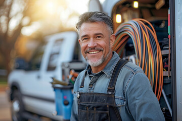 Confident Electrician Poses with Cable Coil and Toolbox Outside Truck