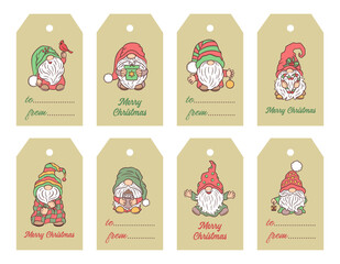 Christmas labels with cute cartoon gnomes. Winter gift tags collection. Season greeting card. Merry Christmas text. From - to note. Scrapbook Xmas and New year cut file for card, sticker, label.