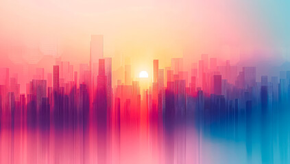 Fototapeta premium Colorful cityscape with buildings in the background and a bright sun in the foreground. The colors are vibrant and the sun is shining brightly, creating a warm and inviting atmosphere