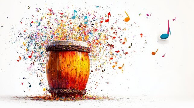 A musical drum erupts with energetic, colorful notes, symbolizing the lively and powerful sound of music in a contemporary and avant-garde form.