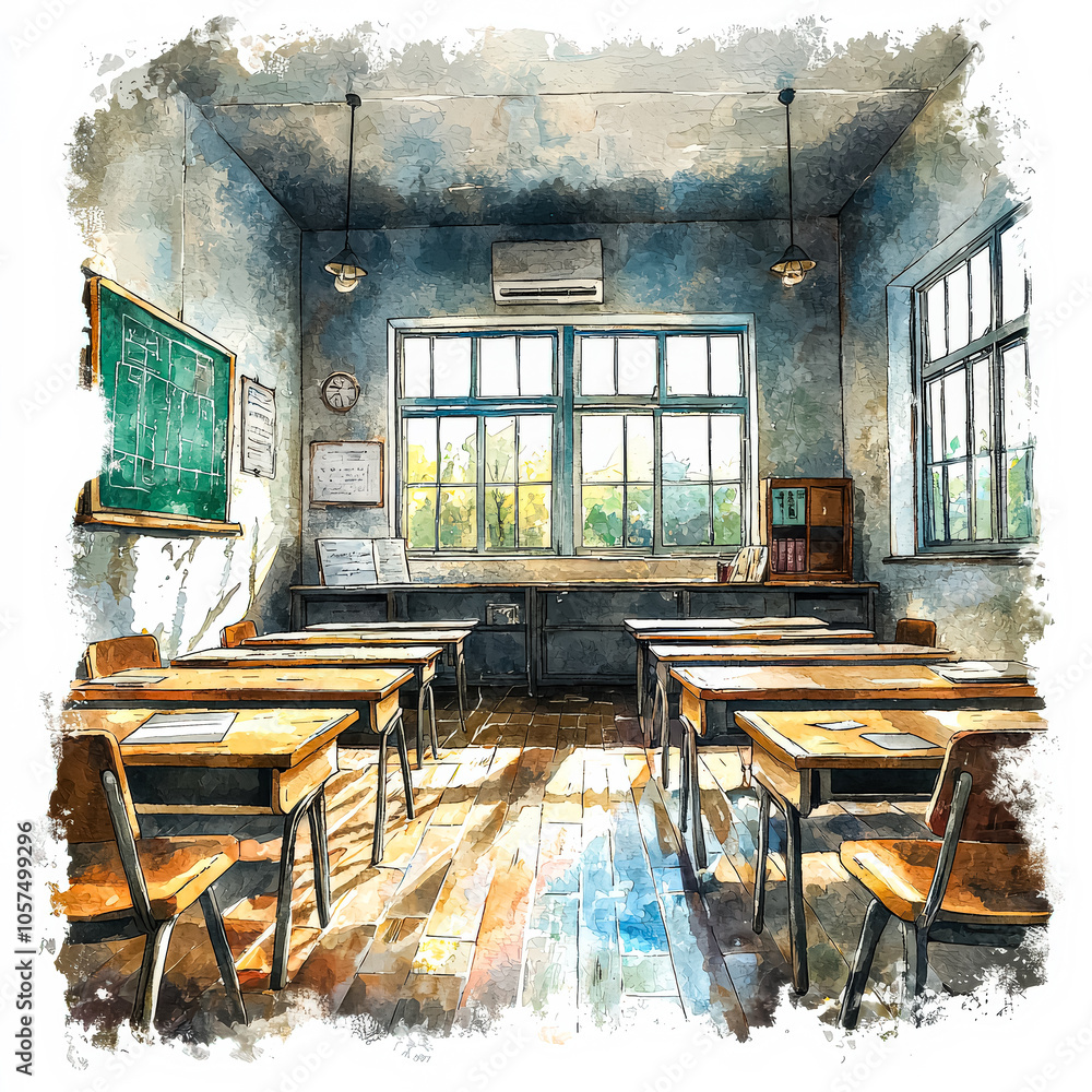 Aufkleber classroom with a chalkboard and a clock on the wall. the room is empty and has a very clean and orga