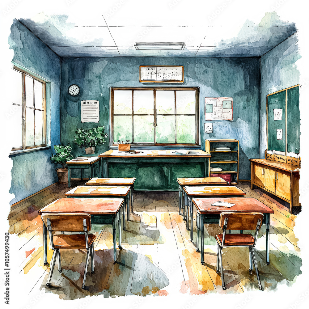 Aufkleber classroom with a chalkboard and a clock on the wall. the room is empty and has a very clean and orga