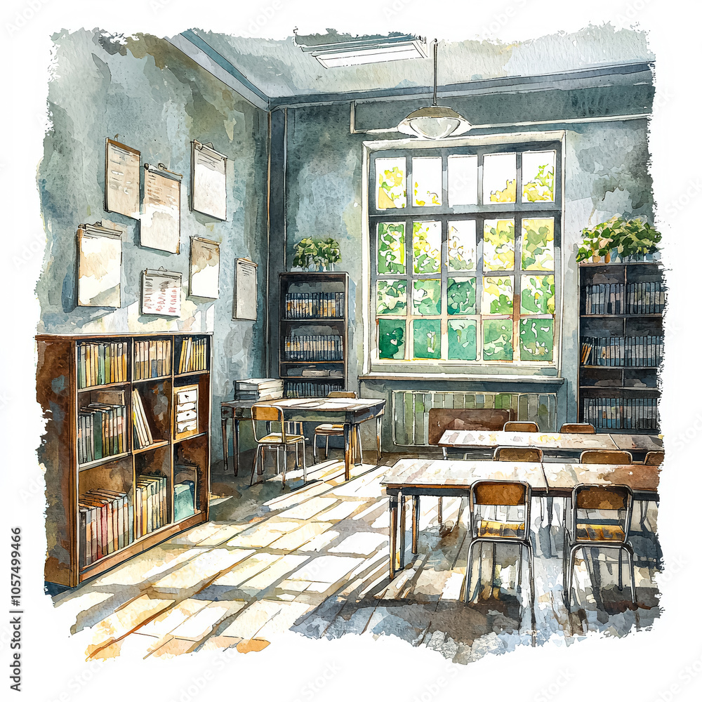 Poster classroom with a large window that lets in natural light. the room is filled with bookshelves, which