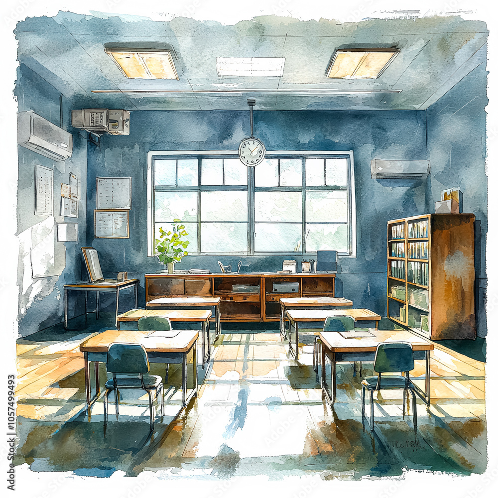 Poster classroom with a chalkboard and a clock on the wall. the room is empty and has a very clean and orga