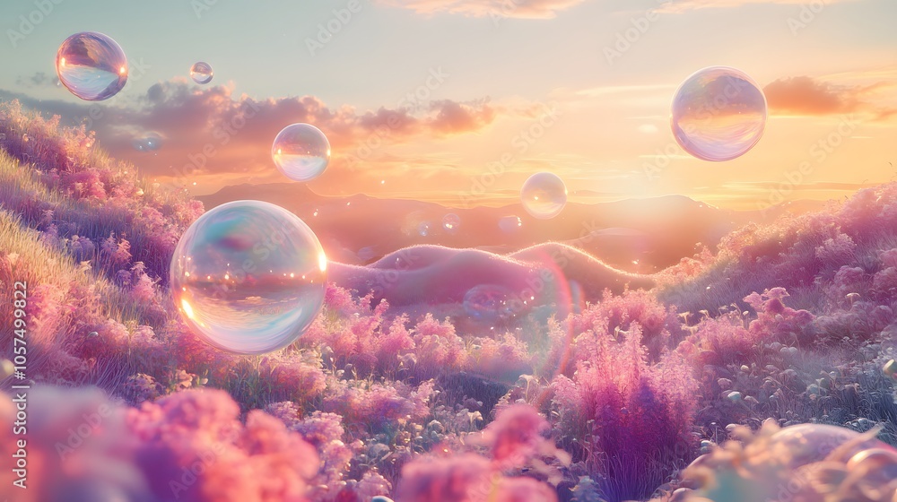 Poster 
A 3D wallpaper of transparent glass orbs floating in space, refracting gradient pastel colors. Light flows through the glass creating prism effects with soft rainbow hues. The background fades into a