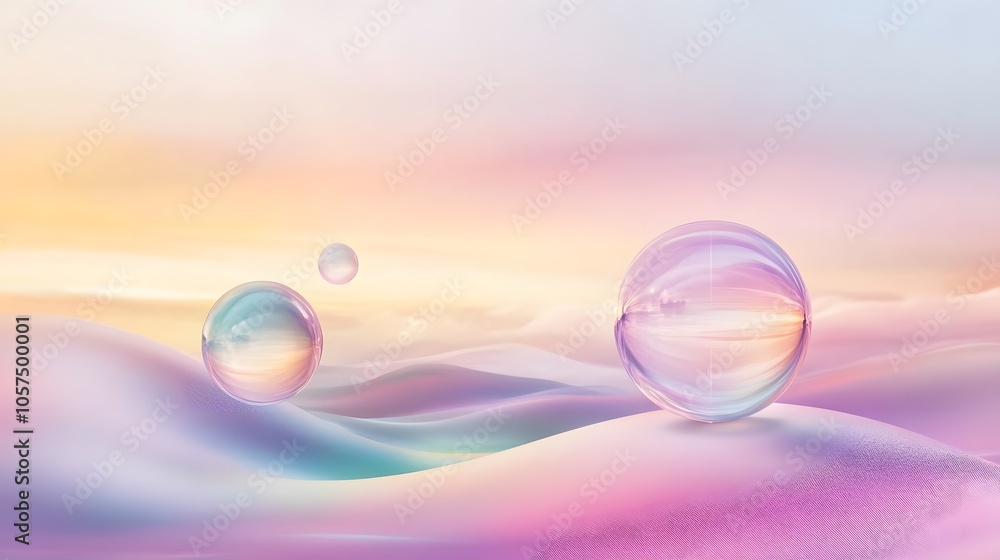 Poster a 3d wallpaper of transparent glass orbs floating in space, refracting gradient pastel colors. light