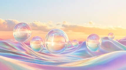 
A 3D wallpaper of transparent glass orbs floating in space, refracting gradient pastel colors. Light flows through the glass creating prism effects with soft rainbow hues. The background fades into a