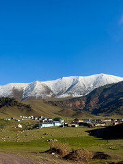 A small village at the foot of snow-capped mountains in Kyrgyzstan, surrounded by green fields and boulders under a clear blue sky.