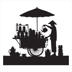 Obraz premium Black silhouette of a tea vendor pouring tea from a kettle on a plain white background 