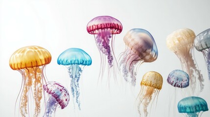 A lot of different kinds of jellyfish swim on white background 
