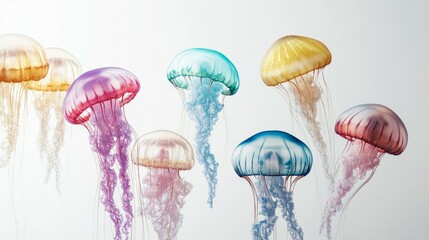 A lot of different kinds of jellyfish swim on white background 
