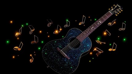 Obraz premium Acoustic guitar with musical notes on black background.