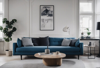 Scandinavian interior design of modern living room Modern blue sofa with cushions and contemporary b