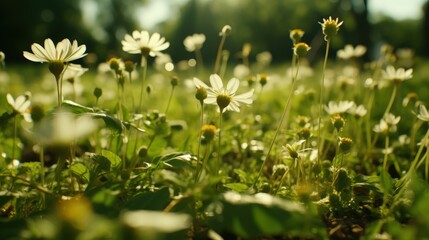 Sunlight filtering through a field of delicate white flowers, casting a soft glow on the green foliage