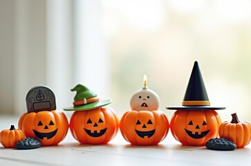 Halloween holiday toy pumpkins, toy caps, toy graves, toy candles,