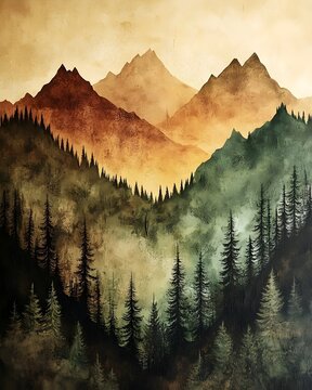 A stunning landscape painting of majestic mountains surrounded by lush evergreen forests, showcasing warm earthy tones blending harmoniously with soft greens.