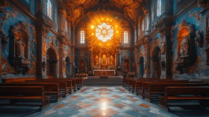 Obraz premium A grand church interior with ornate details, a stained glass window, and rows of pews.