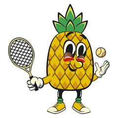 Cute and happy fun pineapple isolated vector cartoon mascot character playing tennis, work of hand drawn