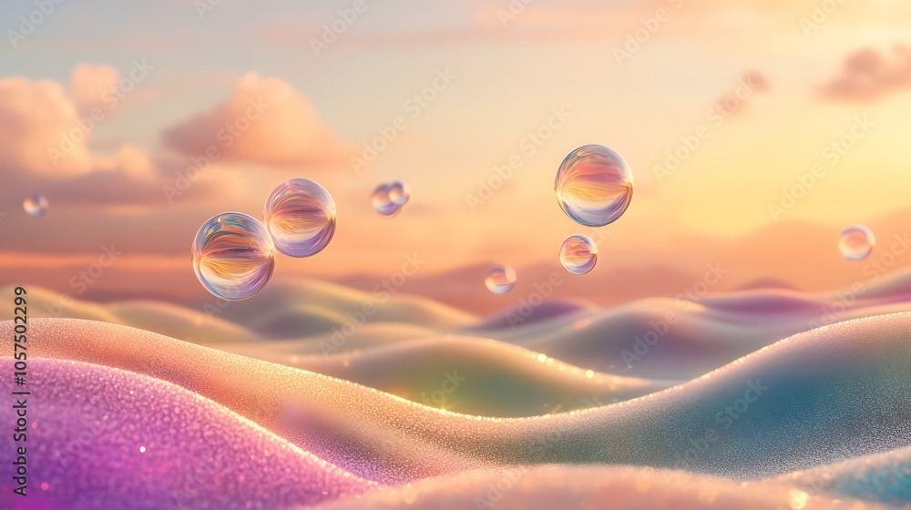 Poster a 3d wallpaper of transparent glass orbs floating in space, refracting gradient pastel colors. light