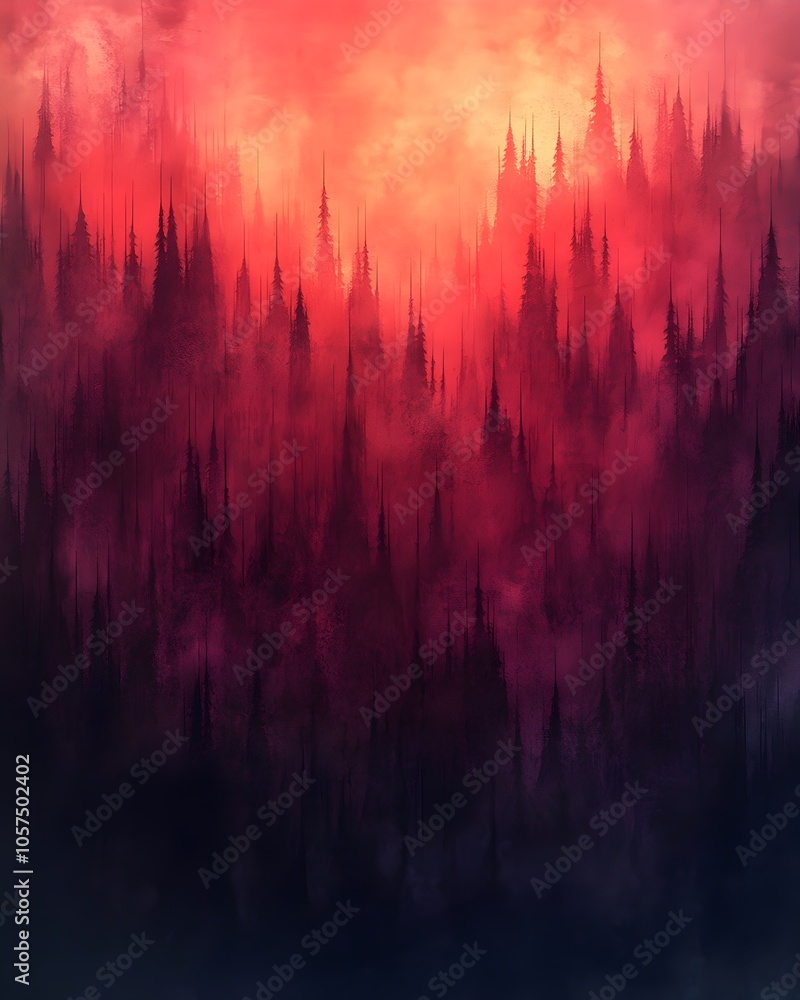 Poster an abstract landscape featuring towering silhouettes of dark coniferous trees against a dramatic gra