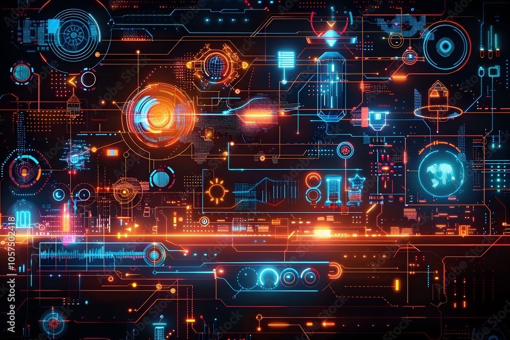 Poster futuristic digital interface with neon elements and data visualizations