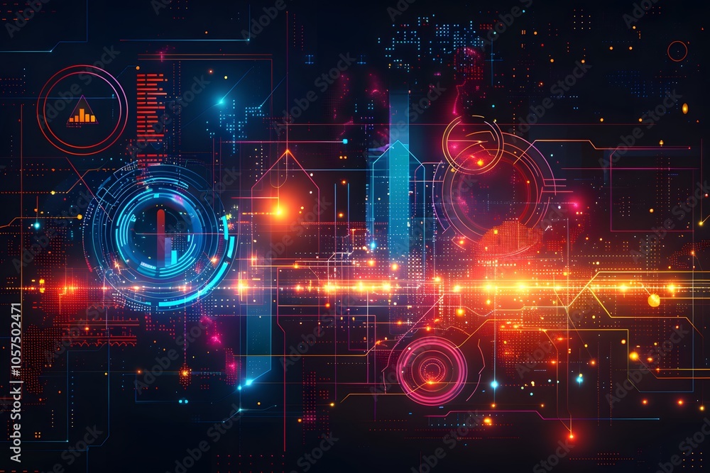 Poster futuristic digital interface with vibrant data visualizations and geometric patterns