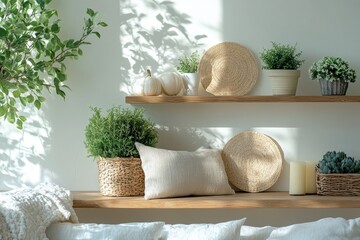 eco-friendly halloween decor, eco-friendly halloween decor displayed on a wooden shelf in a bright, airy living room with room for text