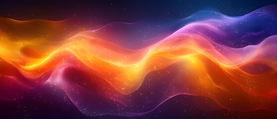 A vibrant abstract wave of colors featuring hues of orange, purple, and pink, creating a sense of fluid motion against a dark starry background.