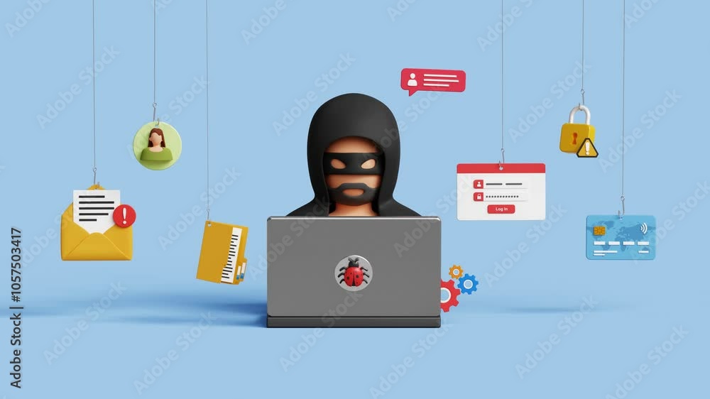 Poster phishing or hacking attack concept. fake login screen to hack username, password. cyber security. 3d