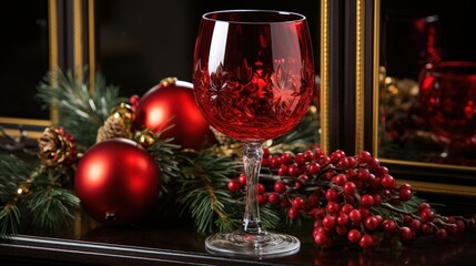 A festive holiday still life with a red wine glass, Christmas ornaments, and red berries against a dark background