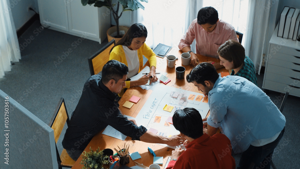 Poster top down view of diverse people brainstorming and making scrum task board. group of skilled business