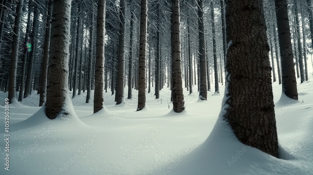 Poster dense pine forest in winter is blanketed by thick layer of snow, creating serene and tranquil atmosp